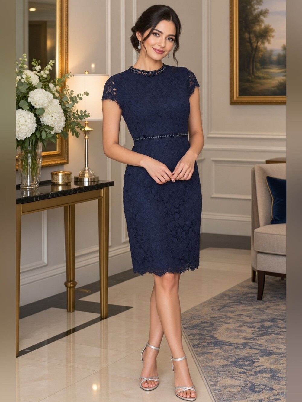 H & M Navy Blue Lace Midi Dress Size M